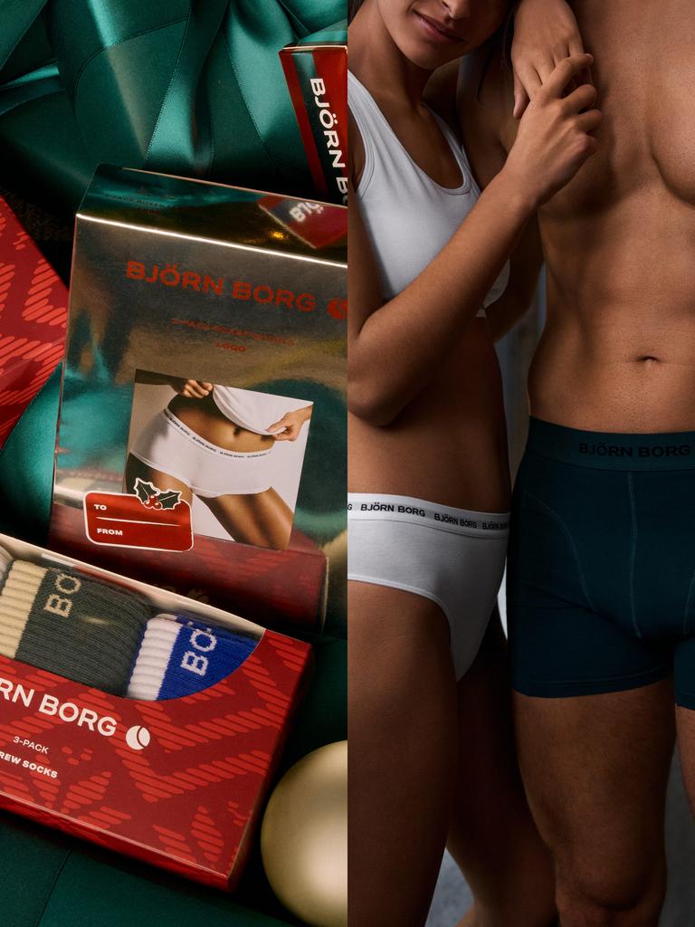 Björn Borg gift boxes and couple wearing underwear in white and dark green.